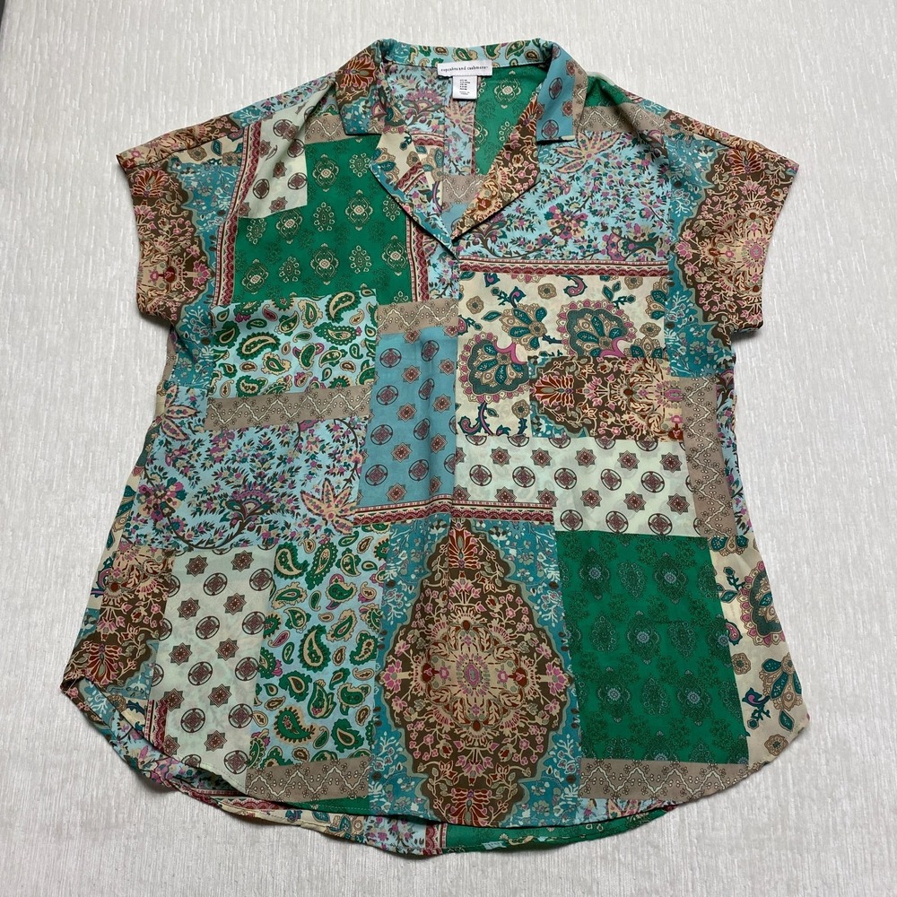Cupcakes and Cashmere Crepe Blouse Top Women Medium Green Blue Paisley Patchwork